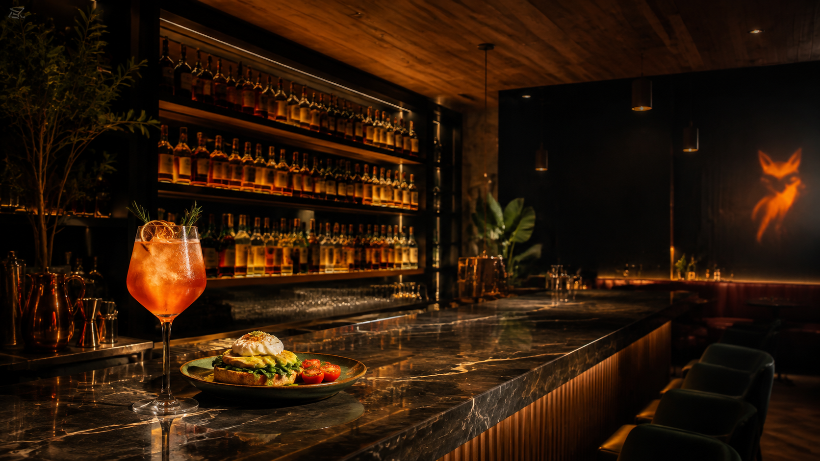The Fox bar with a cocktail and brunch plate